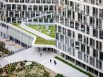 Une façade typique de l'architecture des tours de bureaux des années 1980