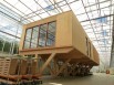 Au milieu des serres bioclimatiques, des bureaux tout en bois en forme de conteneur