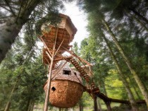 Un village de cabanes en bois dans la forêt ...