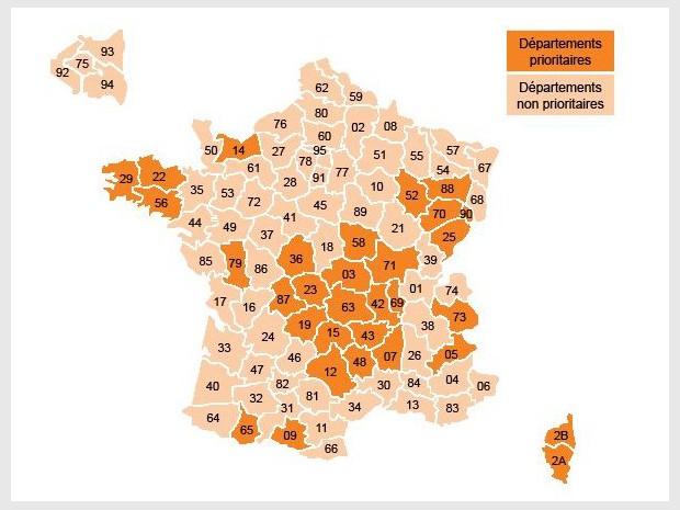 Les 31 départements prioritaires Radon