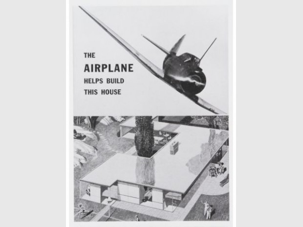 Simon Breines, Ralph Pomerance "L'avion aide à construire cette maison", Brochure de l'entreprise Cooper & Brass (1943) reproduite dans Donald Albrecht, dir. World War II and the American Dream, 1995