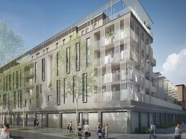 « Côté Jardin », par DEMATHIEU BARD Immobilier, programme de 83 logements, hôtel de 102 chambres, une maison pluridisciplinaire de santé, dans la ZAC Villaroy à Guyancourt (78) ; architecte : Hubert Godet Architectes.   
