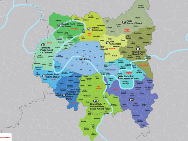 Établissements publics territoriaux de la Métropole du Grand Paris au 1 er  janvier 2016