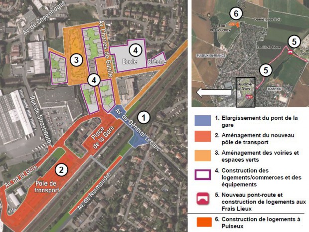 Etat d'avancement des projets dédiés à l'éco-quartier de Louvres et Puiseux-en-France (EPA Plaine de France) conçu et coordonnée par l'atelier d'architecte Roland Castro-Sophie Denissof et associés.