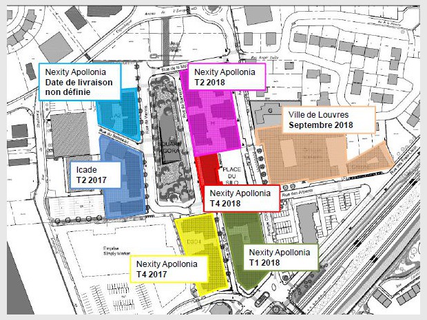 Etat d'avancement des projets dédiés à l'éco-quartier de Louvres et Puiseux-en-France (EPA Plaine de France) conçu et coordonnée par l'atelier d'architecte Roland Castro-Sophie Denissof et associés.