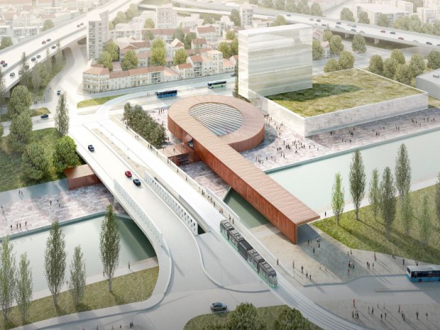 Vue d'artiste de la gare du pont-de-Bondy (Seine-Saint-Denis) de la future ligne 15 Est du Grand Paris Express, dessinée par l'agence BIG basée à Copenhague (Danemark)  