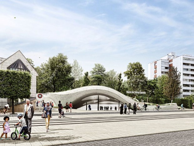 Réalisation de la gare de Vitry-centre à Vitry-sur-Seine (Val-de-Marne) par l'atelier d'architecture King Kong dans le cadre de la ligne 15 Sud du Grand Paris Express