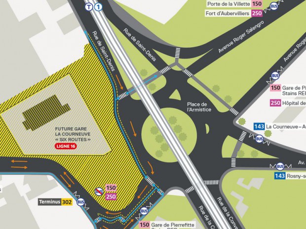 Réalisation de la gare du Grand Paris Express, La Courneuve Six Routes (Seine-Saint-Denis) sur les lignes 16 et 17 par les architectes Frédéric Chartier et Pascale Dalix .