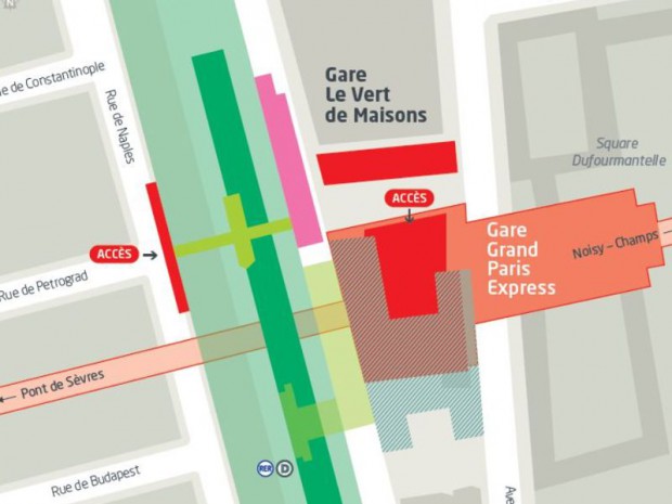 La future gare du Grand Paris Express Le Vert de Maisons, située à à la limite entre Alfortville, à l'ouest, et Maisons-Alfort, à l'est, (Val-de-Marne)et imaginée par le cabinet d'architectes Valode et Pistre.