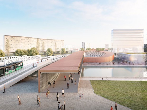Grand Paris Express : réalisation de la gare Pont de Bondy (Seine-Saint-Denis) imaginée sur la ligne 15 Est par l'architecte danois Bjarke Ingels de l'agence Bjarke Ingels Group associée à l'agence Silvio d'Ascia Architecture.