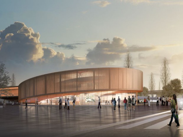 Grand Paris Express : réalisation de la gare Pont de Bondy (Seine-Saint-Denis) imaginée sur la ligne 15 Est par l'architecte danois Bjarke Ingels de l'agence Bjarke Ingels Group associée à l'agence Silvio d'Ascia Architecture.
