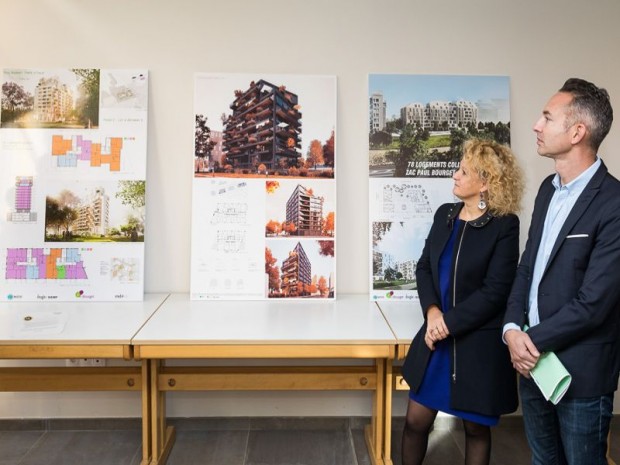 Pose de la première pierrre le 19 octobre 2017 de 197 logements sociaux, rue Paul Bourget dans le 13ème arrondissement de Paris. 