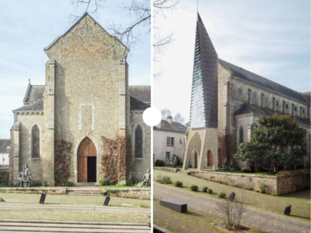 Avant-Après clocher de l'église du Sacré-C&oelig;ur de Pont-Scorff