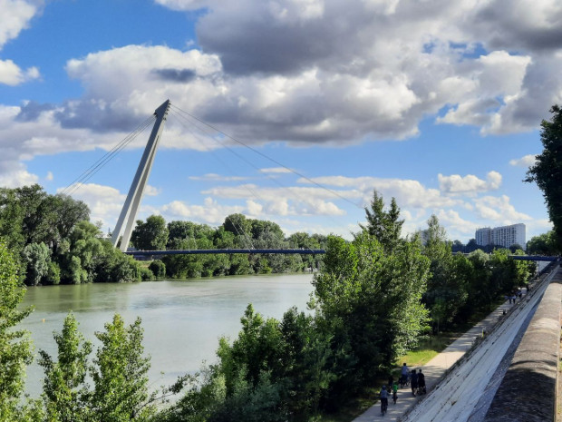 Vue de la passerelle Robert-Poujade, à Toulouse, depuis la digue