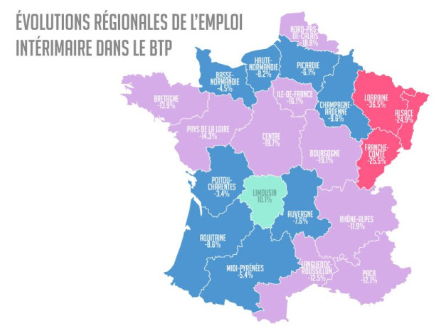 Evolutions r&eacute;gionales de l\'emploi int&eacute;rimaire dans le BTP 