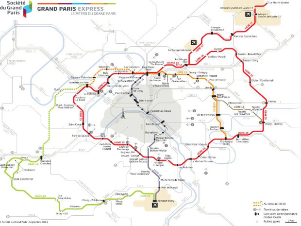 Carte du Grand Paris Express r&eacute;actualis&eacute;e 