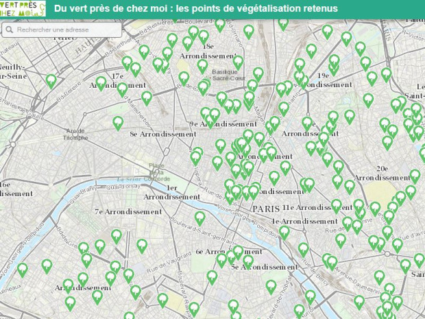 La carte des 209 lieux retenus pour &ecirc;tre v&eacute;g&eacute;talis&eacute;s,