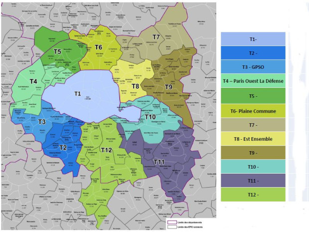 Carte des 12 territoires de la M&eacute;tropole du Grand Paris 