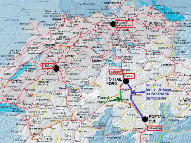 Carte du  tunnel de base du Saint-Gothard en Suisse 