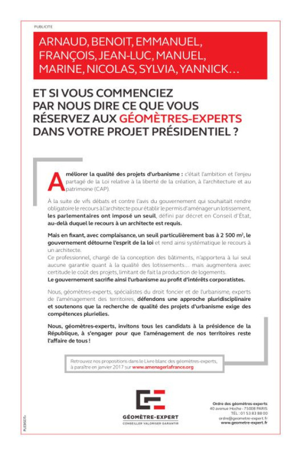 Publicit&eacute; G&eacute;om&egrave;tres-experts du 13 d&eacute;cembre 2016