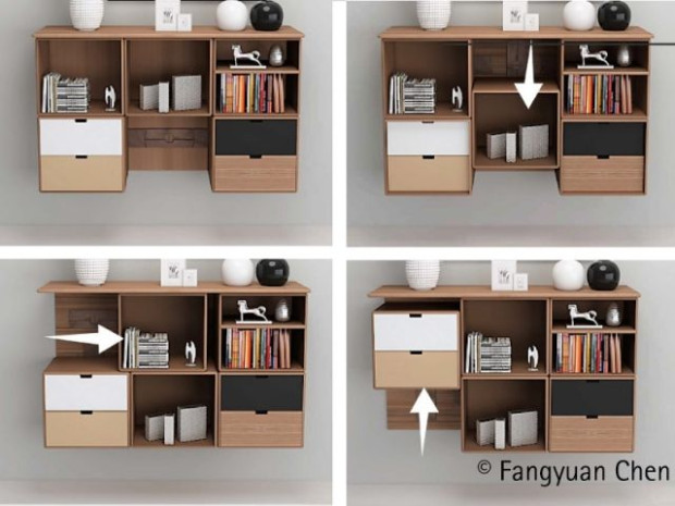 Projet "Moving Cabinets" : les &eacute;tag&egrave;res tournantes se d&eacute;placent du bas vers le haut