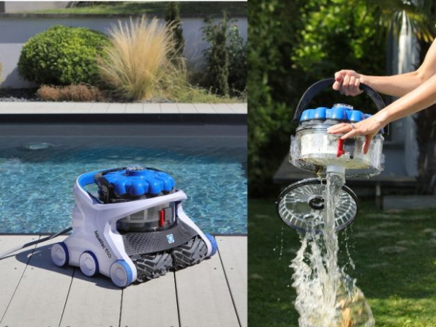 Le robot nettoyeur AquaVac 650 avec une puissance hydrocyclonique et un syst&egrave;me de nettoyage qui ne salit pas les mains