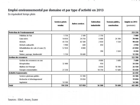 Emploi environnemental par domaine et par type d\'activité en 2013 