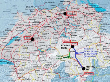 Carte du tunnel de base du Saint-Gothard en Suisse 